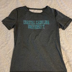 Gray Coastal Carolina t-shirt with opening in back.